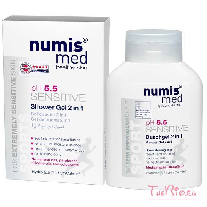 NumisMed - Гель для душа 2 в 1 Спорт «СЕНСИТИВ рН 5,5», 200 мл Numis Med www.thebio.ru натуральная косметика Нумис Мед купить в магазине официальном прочитать отзывы лучшие фотографии с мочевиной уреатой для увлажнения кожи полный спектр продукции заказать с доставкой по Москве и по России в надежном интернет-магазине