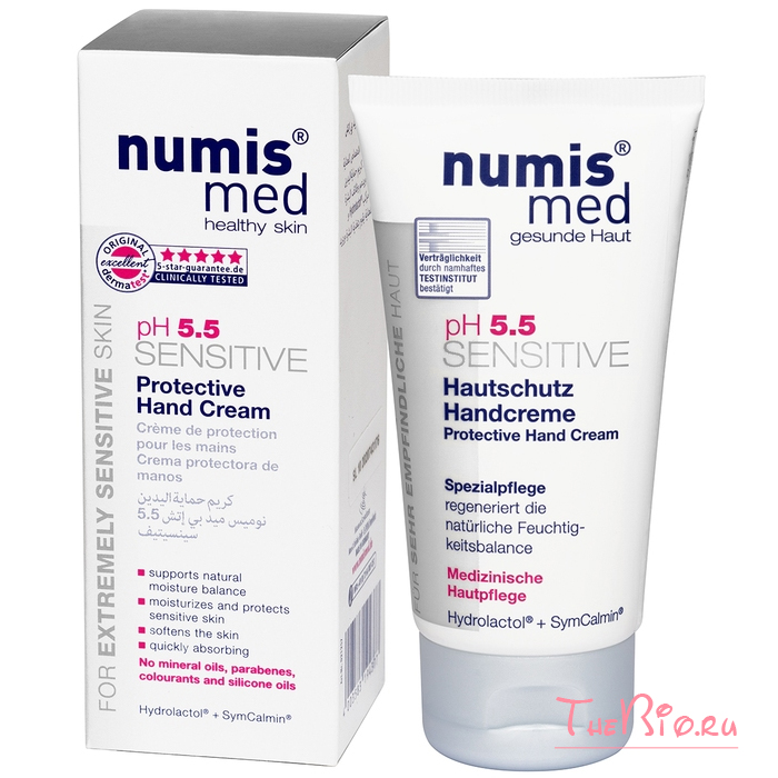 NumisMed - Защитный крем для рук «СЕНСИТИВ рН 5,5», 75 мл Numis Med www.thebio.ru натуральная косметика Нумис Мед купить в магазине официальном прочитать отзывы лучшие фотографии с мочевиной уреатой для увлажнения кожи полный спектр продукции заказать с доставкой по Москве и по России в надежном интернет-магазине